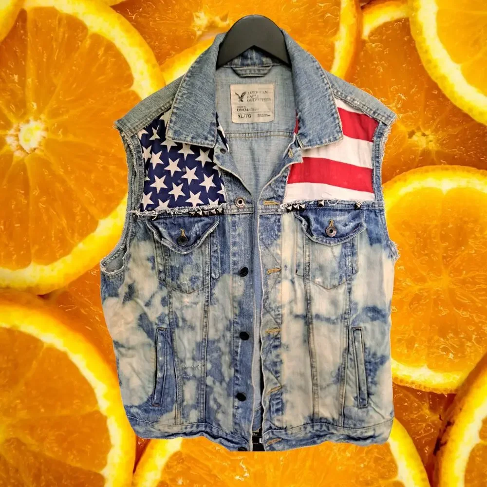 American Eagle Outfitters American‎ Flag Acid Wash Denim Vest Size XL